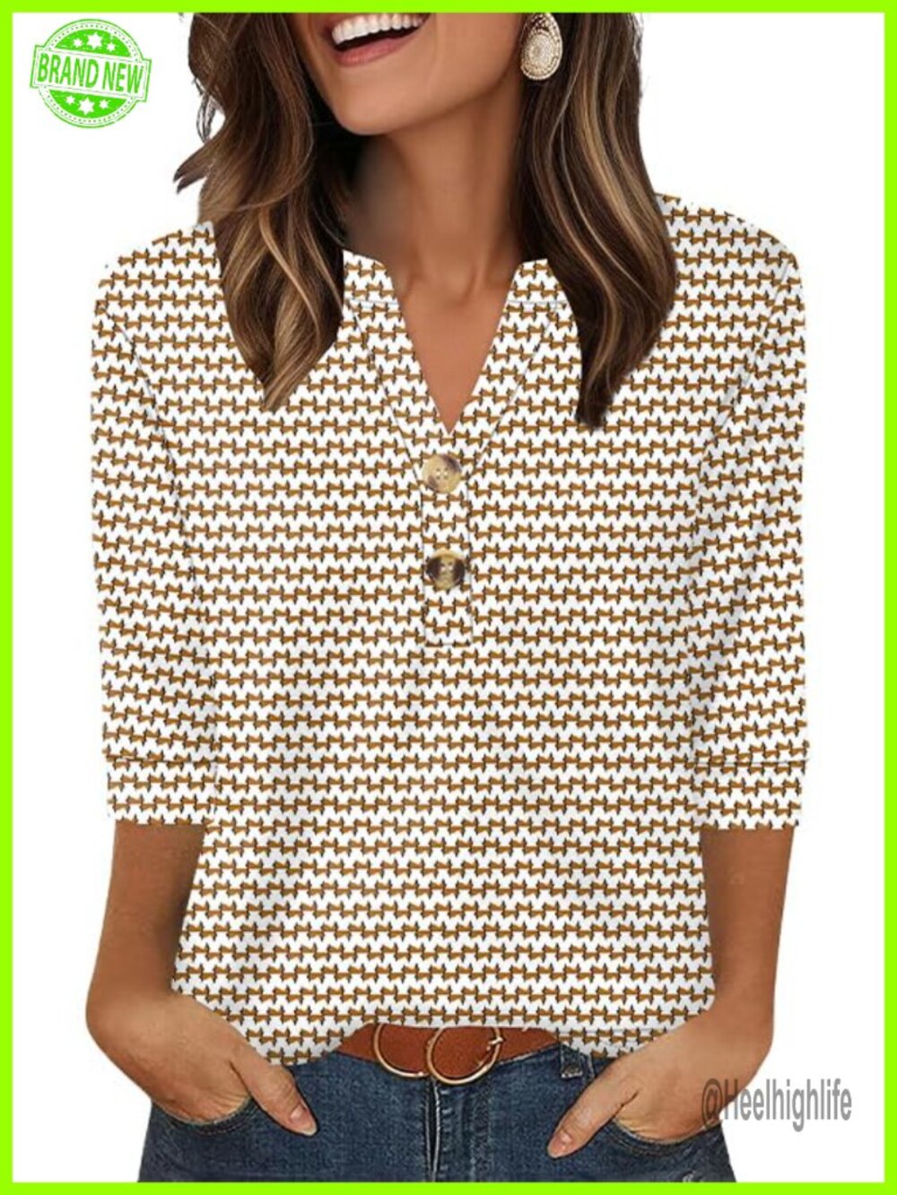 Womens 3/4 Sleeve Henley Blouse V-Neck Button Loose Fit Casual Work Top